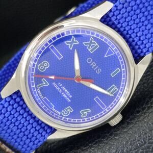 Vintage 1991 Oris Manual Mens Silver Watch W/Nato Strap & Blue accents